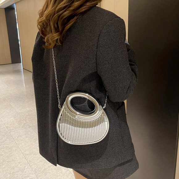 ⚡ Women's Silver Moon Shaped Cute Small Evening Clutch Crossbody Trendy Handbag - Picture 2 of 8